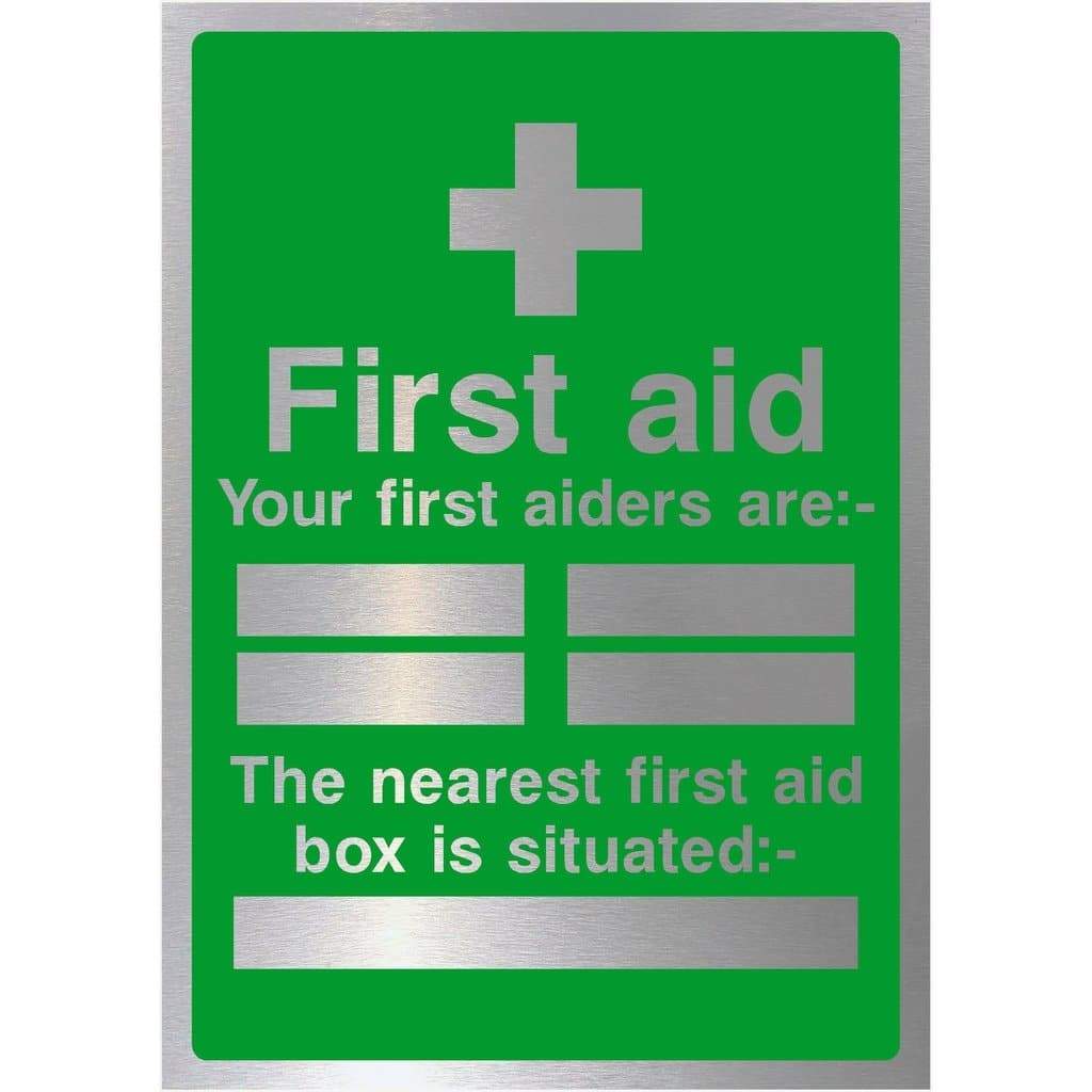 First Aiders First Aid Box Sign Brushed Silver - The Sign Shed