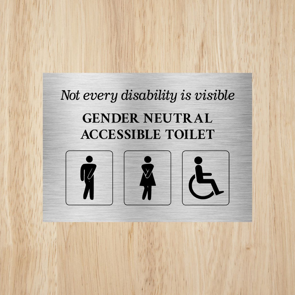 Gender Neutral Accessible Toilet Landscape Sign Brushed Aluminium Silver - The Sign Shed