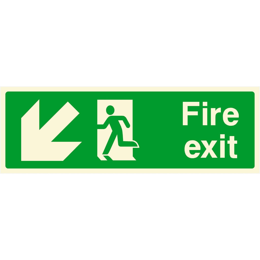 Glow In The Dark Fire Exit Sign Down Left Arrow - The Sign Shed