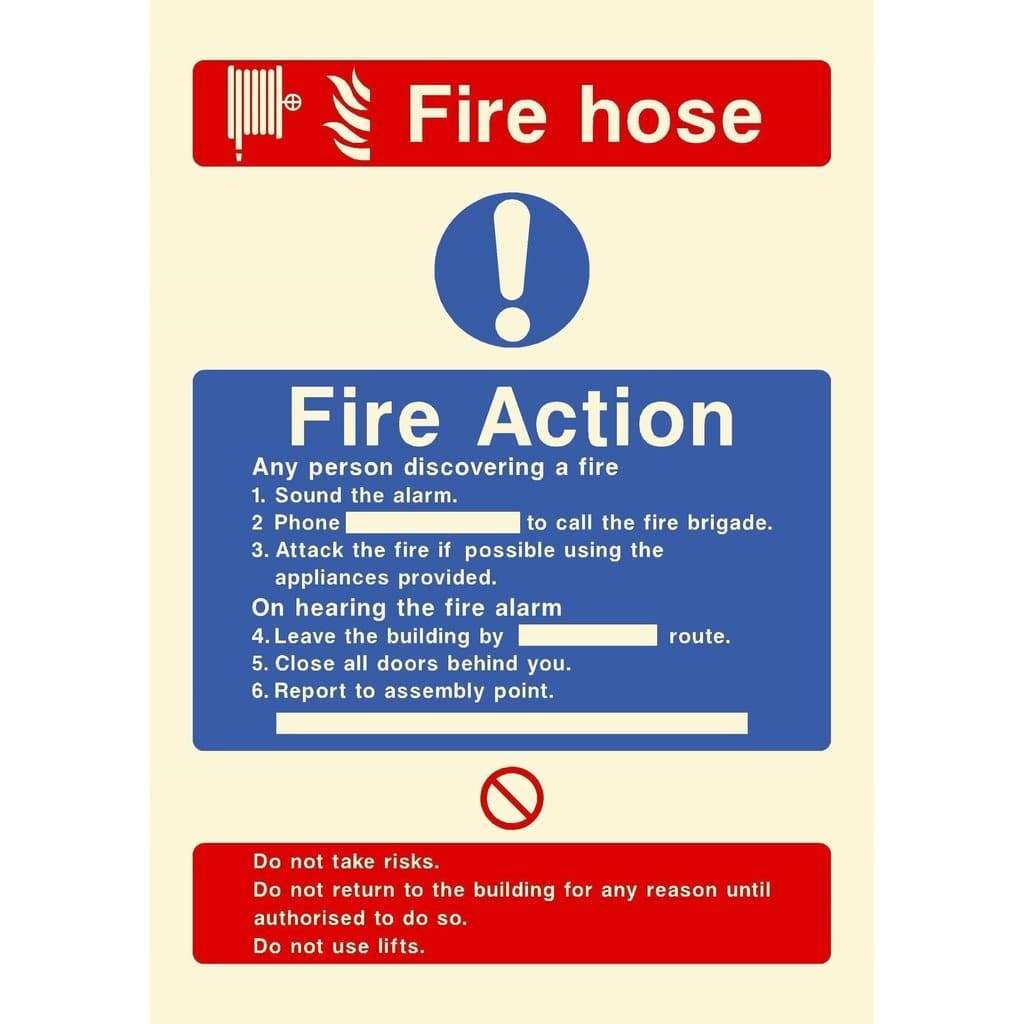 Glow In The Dark Fire Hose Fire Action Sign - The Sign Shed