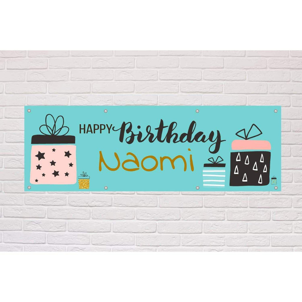 Personalised Happy Birthday banner with presents theme - The Sign Shed