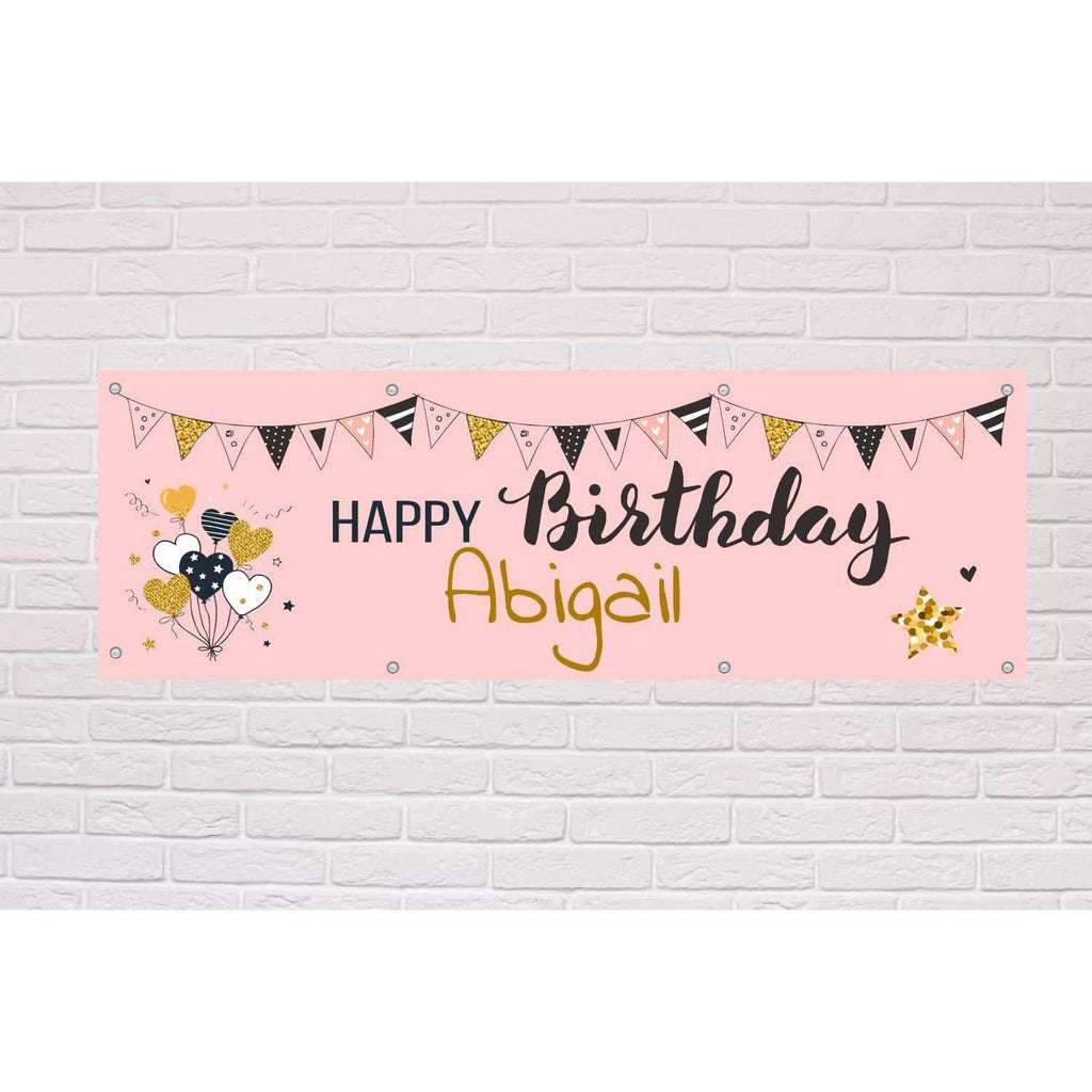 Personalised Happy Birthday hearts & balloons banner - The Sign Shed