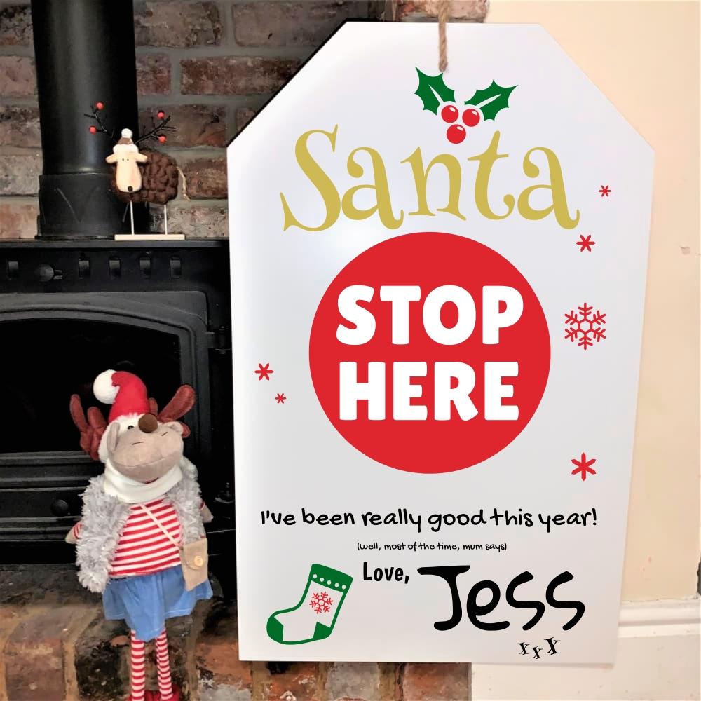 Personalised Santa STOP HERE Gift Tag Sign - The Sign Shed