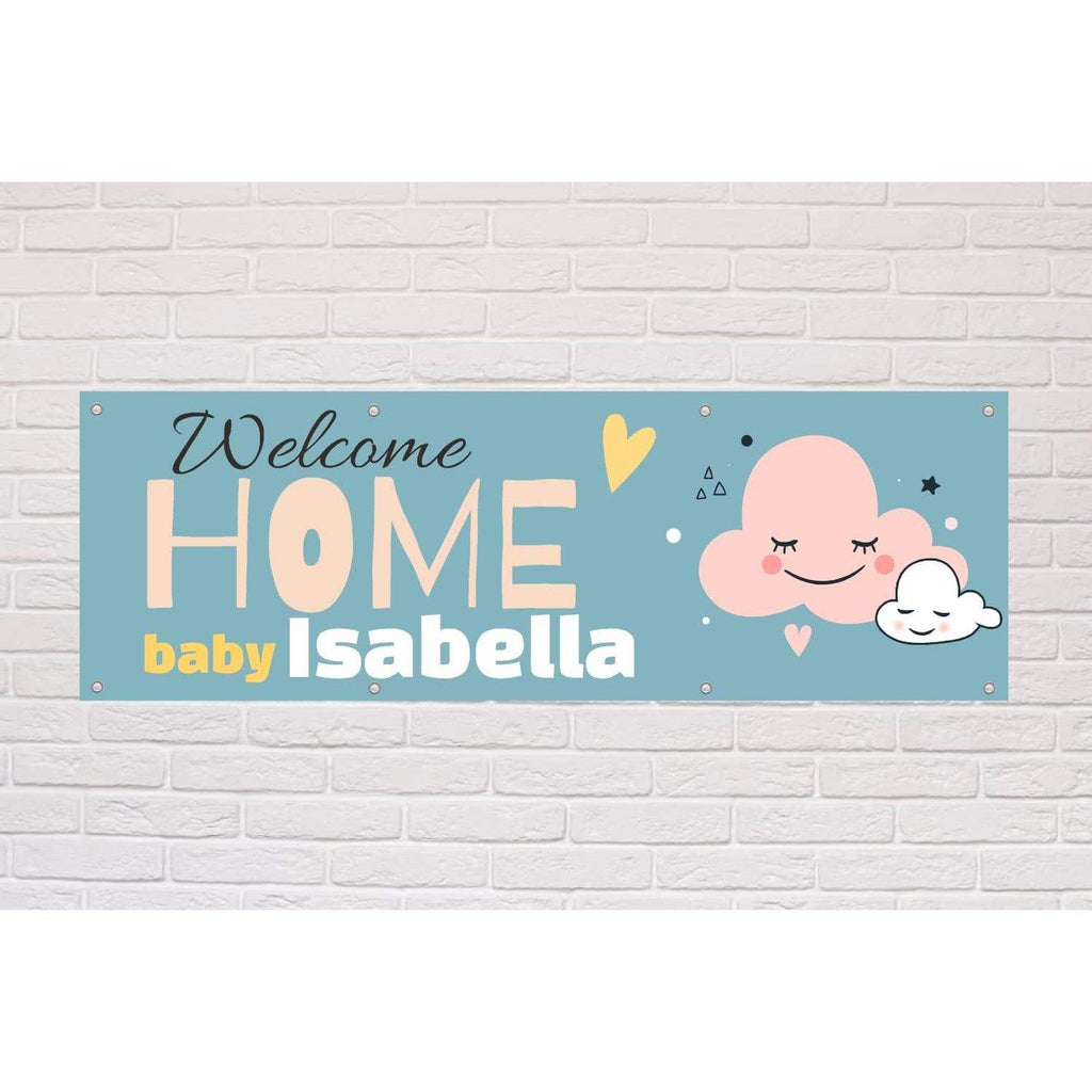 Personalised Welcome Home Baby Banner - Cute Clouds - The Sign Shed