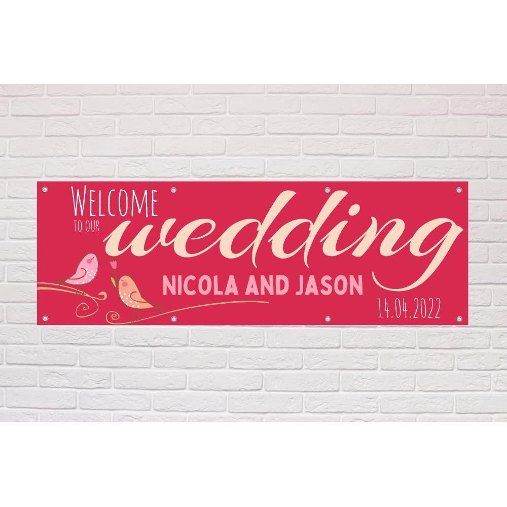 Personalised Welcome To Our Wedding Banner | Lovebirds Pink Theme - The Sign Shed