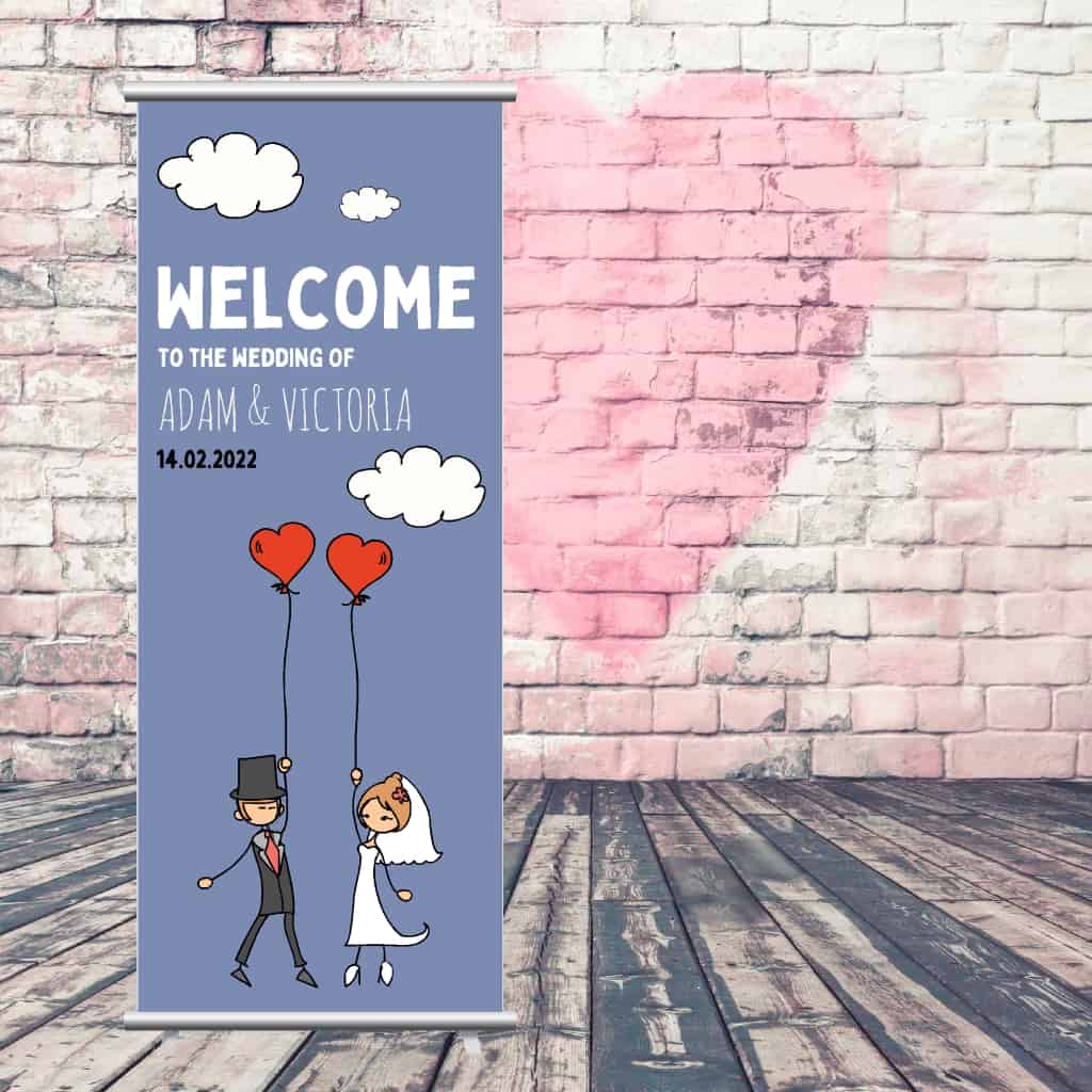 Wedding Pop Up Banner | Couple Balloons Clouds Blue - The Sign Shed