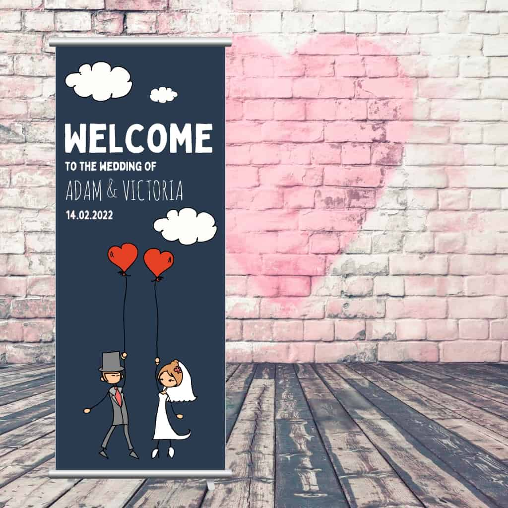 Wedding Pop Up Banner | Couple Balloons Clouds Navy - The Sign Shed