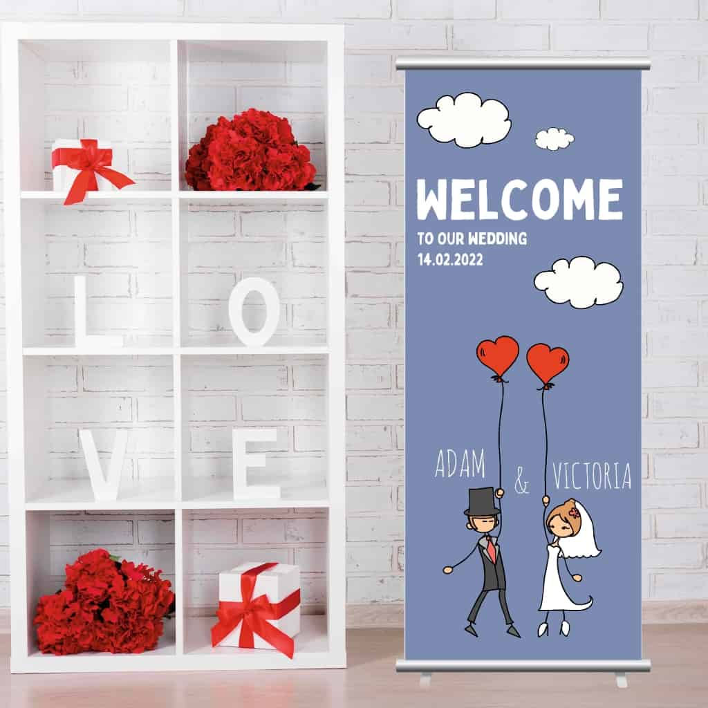 Wedding Pop Up Banner | Couple With Balloons Blue - The Sign Shed