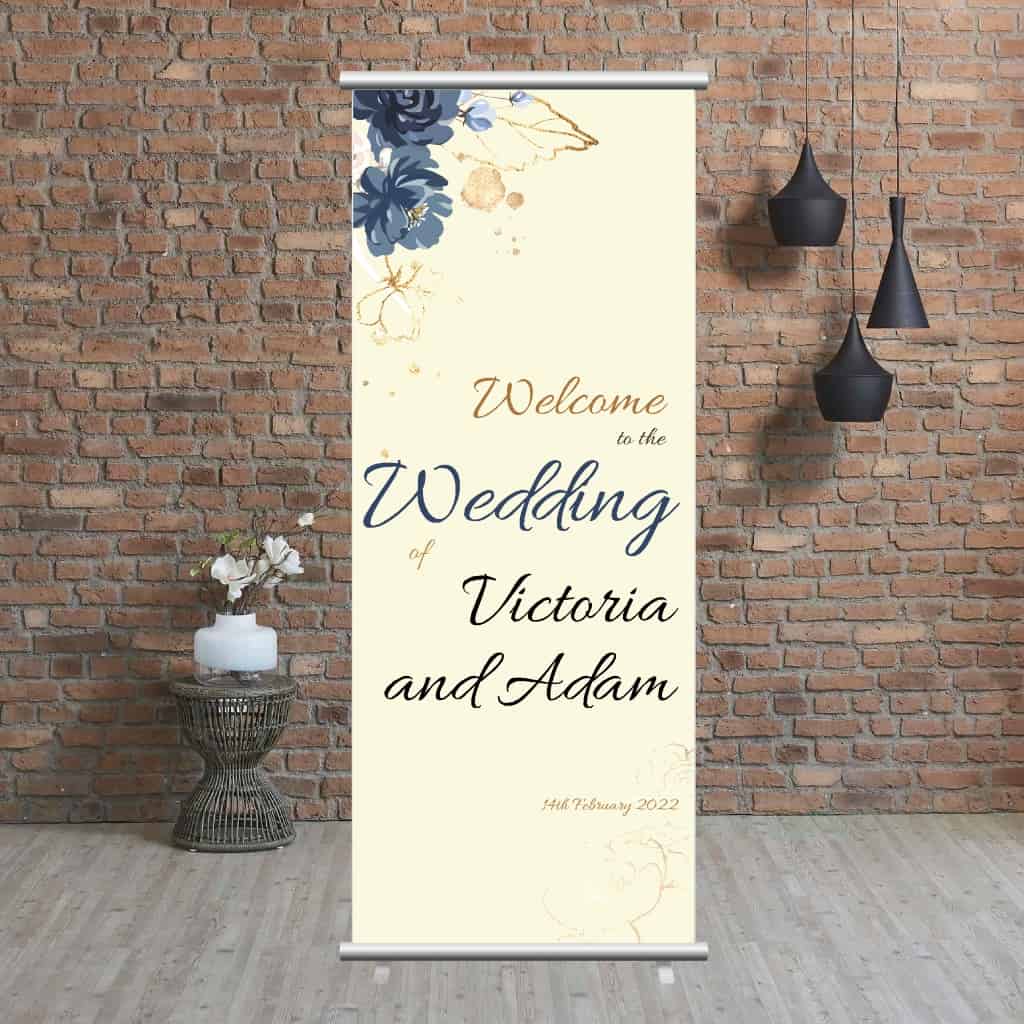 Wedding Pop Up Banner | Navy Blue Gold Flowers - The Sign Shed